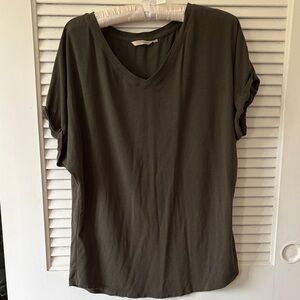 Dark Olive V-Neck Short Sleeve Tee with rolled sleeves